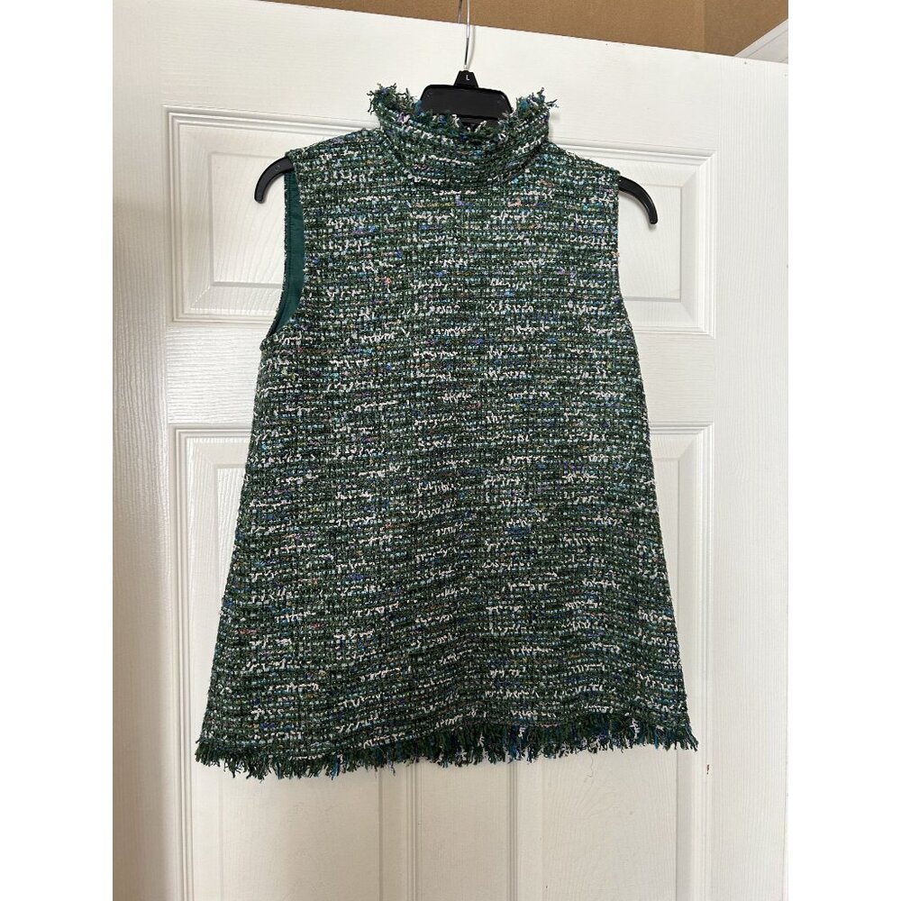 NWT Ann Mashburn Sleeveless Ana Fringe Top Green Pink Tweed sz XS